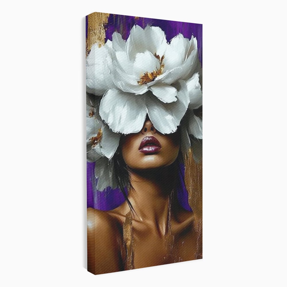 Tablou canvas cu tablou canvas cu femeie si flori albe, fara rama, pe sasiu de lemn